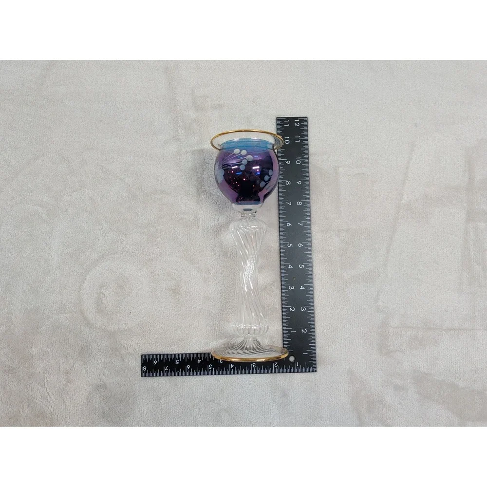 Egyptian Museum Fine Glass Hand Blown Blue Purple Gold Trim Candle Holder 10.25
